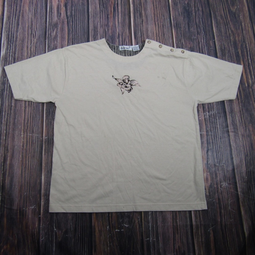 That's Me! Womens Large Beige Button Shoulder Embroidered T Shirt Granny Core